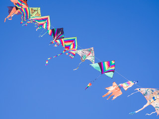 Colored kites fly in a row in the blue sky hanging on one strand.