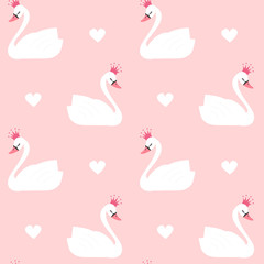 Cotton fabric cute lovely princess swan on pink background seamless vector pattern illustration