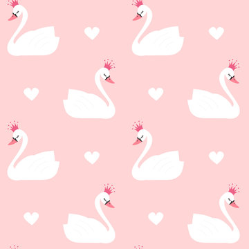 cute lovely princess swan on pink background seamless vector pattern illustration

