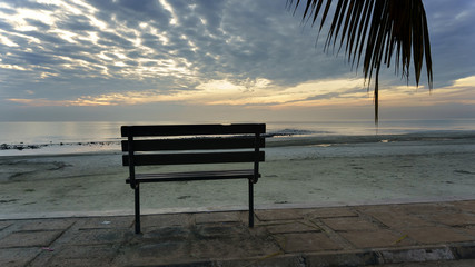 Beautiful scenery at the beach with stone seats under the trees on sunrise