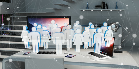 White and blue group of people flying over desktop 3D rendering