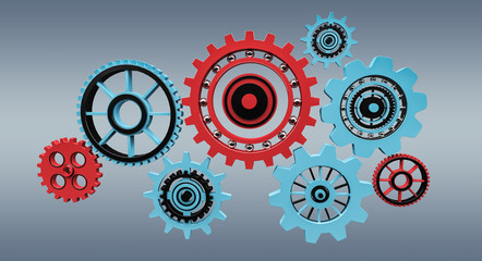 Floating blue and red gear icons 3D rendering