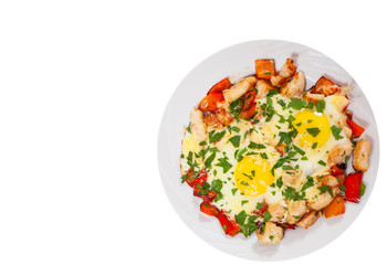 fried eggs with chicken breast, pepper and cheese. top view. isolated on white