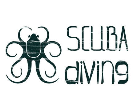 Design logo with lettering scuba diving and octopus. Vector illustration eps 10