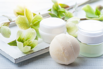 Bath bomb on white wooden background