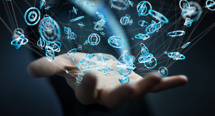 Businessman using flying network connection interface 3D rendering