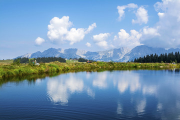 Hintersteinersee mountain lake, summer wellness attraction in Scheffau am Wilden Kaiser, Tirol, Austria