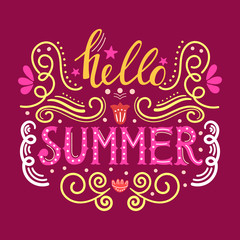 Hello summer hand drawn lettering isolated on maroon background for your design