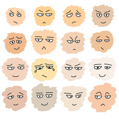 Collection of doodle smiles. Different emotions. Vector illustration isolated on white.
