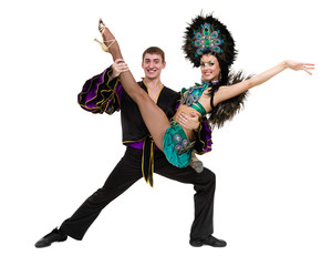 Gypsy flamenco dancer couple dancing against isolated white background