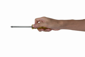 man's hand holding screwdriver on white isolated background