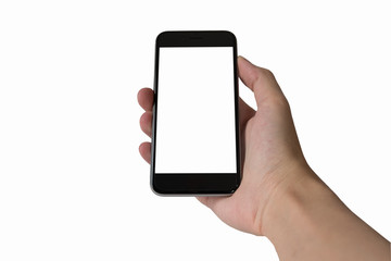 Blank screen mobile phone in man's hand isolate with white background, Smartphone concept