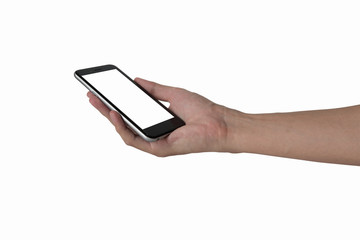 Blank screen mobile phone in man's hand isolate with white background, Smartphone concept