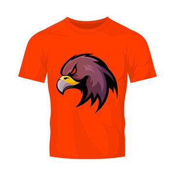 Furious eagle head sport vector logo concept isolated on orange t-shirt mockup.