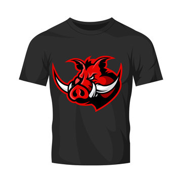 Furious boar head sport club vector logo concept isolated on black t-shirt mockup.