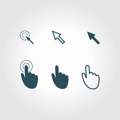 Cursor pointer icons. Click press and touch actions. Flat style.