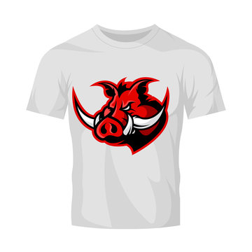 Furious boar head sport club vector logo concept isolated on white t-shirt mockup.