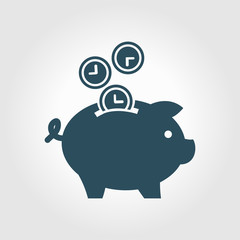 Time is money piggy bank icon. Flat design style.