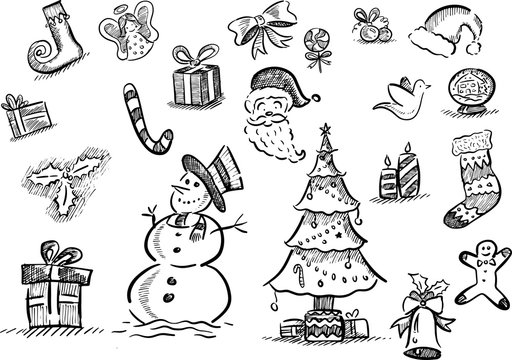 Hand drawn set of Christmas doodles with elegant hatched strokes