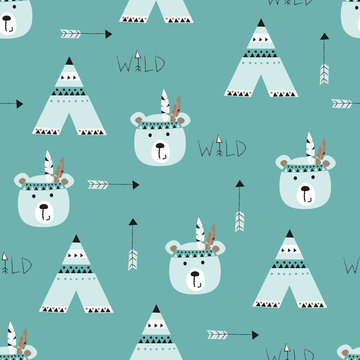 Seamless pattern with indian bears