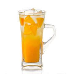 Orange lemonade with ice and fruit slices iaolted on white