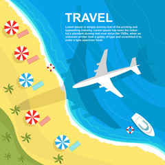 Top view of airplane flying over seashore with umbrellas and boats