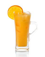 Orange lemonade with ice and fruit slices iaolted on white