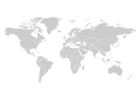 Fototapeta Mapa świata w kolorze szarym na białym tle. Pusta mapa polityczna o wysokiej szczegółowości. Ilustracja wektorowa z etykietą złożonej ścieżki każdego kraju.
