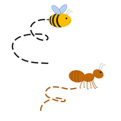Abstract Busy Bee and Ant with track. Race competition of insects. Vector illustration