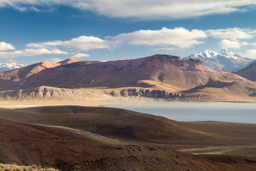 Lago Morejon lake with Volcano Uturuncu in the background at the altiplano in Bolivia