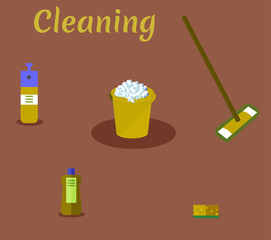 Tools for housekeeping: a mustard bucket with soapy foam, MOP with handle and cloth, bottle of detergent with a blue cover, spray and sponge. Vector illustration. Cleaning