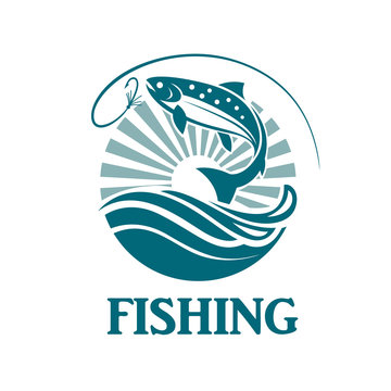 salmon fishing emblem with waves and hook