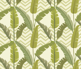 Naklejka premium Banana leaves. Tropical print. Exotic seamless pattern. Zigzag background. Vector wallpaper.