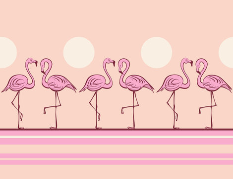 Pink flamingos. Tropical print. Pop art style. Vector pattern. Border.