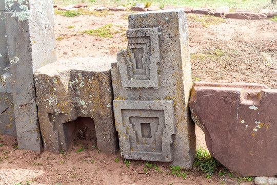 Precisely carved stone at Pumapunku ruins, Pre-Columbian archaeological site, Bolivia