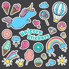 Unicorn sweet set of stickers, pins, patches in cartoon comic style.