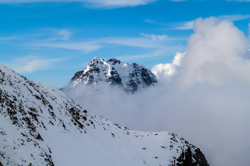 Fototapeta na wymiar View of Cordillera Real mountain range from high camp of climbers under Huayna Potosi mountain in Bolivia