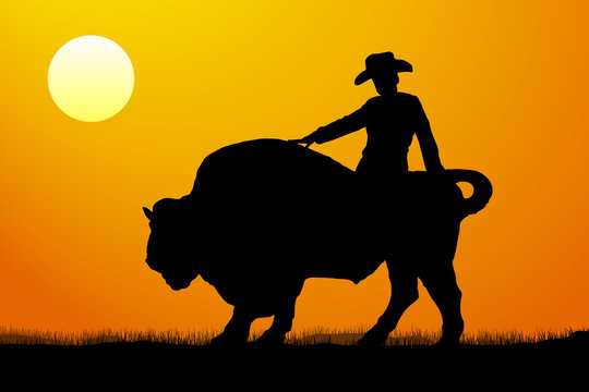 Rodeo rider silhouette vector sunset