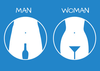 Man and lady toilet sign, restroom icon, white over blue
