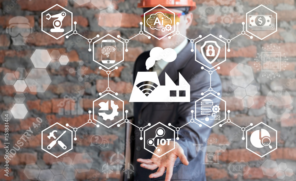 Poster smart factory industry 4.0 iot concept. man in helmet offers wifi factory icon on virtual screen. in