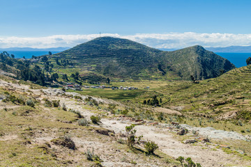 Fototapeta na wymiar Ancient Inca trail on Isla del Sol (Island of the Sun) in Titicaca lake, Bolivia