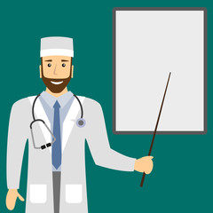 Medical doctor shows a presentation on a flip chart.