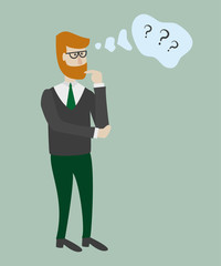 Man is thinking with bubble and question marks.