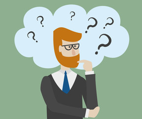 Man is thinking with bubble and question mark.