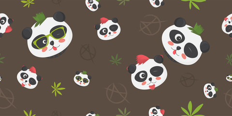 Punk Pandas seamless pattern: cute panda bear faces with punk haircuts, anarchy symbol and hemp leaf on a dark background. Great as textile or fabric print, cover or wrapping template, wallpaper, etc