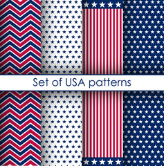 Set of stars and stripes seamless patterns. USA Independence day and Memorial Day festive vector repeatable textures based on american flag.