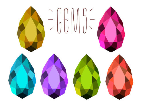 Set of 6 colorful gemstones. Drop formed treasure stones. Jewelry crystal. Isolated on white. Blue red violet brown green pink. Low poly. Diamond. Amethyst. Sapphire. Emerald. Topaz.