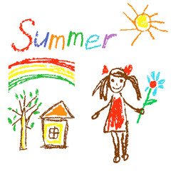 Wax crayon like kid`s drawn summer background with house, tree, girl, flower, rainbow. Like child`s drawn colorful pastel chalk vector design elements with font. Set of like kid`s painting objects.