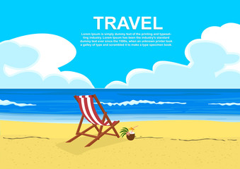 Deck chair on tropical beach with coconut cocktail