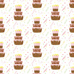 Seamless pattern with cakes and confetti on the white background.